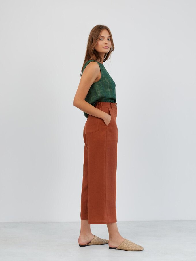 Image 3 of Cropped Wide Leg Linen Pants in Rust OCEAN from Love and Confuse | Handmade Linen Clothing for Women