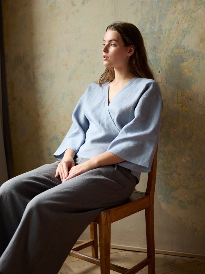 Image 1 of RILEY cropped wide-leg linen pants in Light Grey, featuring an elastic waistband, from Love and Confuse.