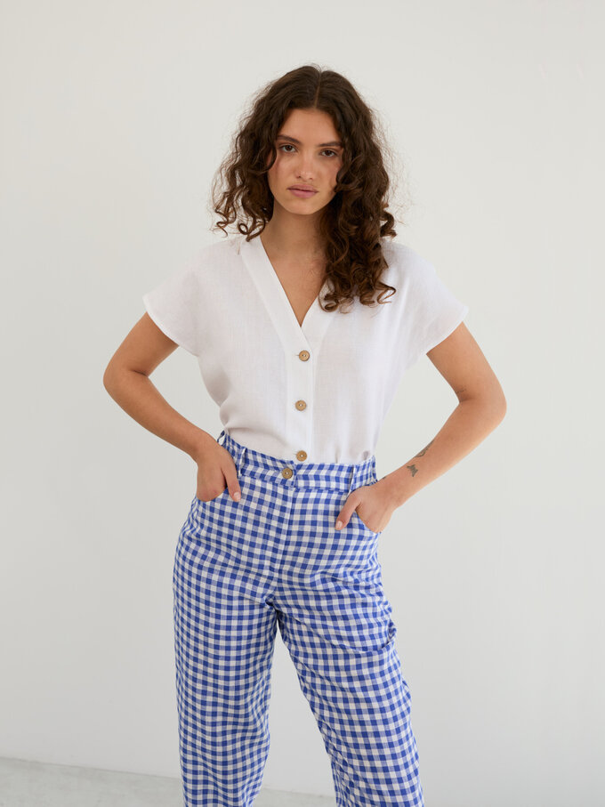 Image 1 of Linen High-Waisted Tapered Leg Pants in Gingham Blue SARAH from Love and Confuse | Handmade Linen Clothing for Women