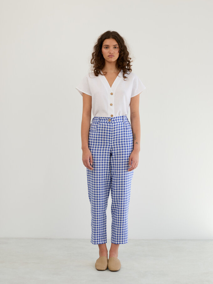 Image 2 of Linen High-Waisted Tapered Leg Pants in Gingham Blue SARAH from Love and Confuse | Handmade Linen Clothing for Women