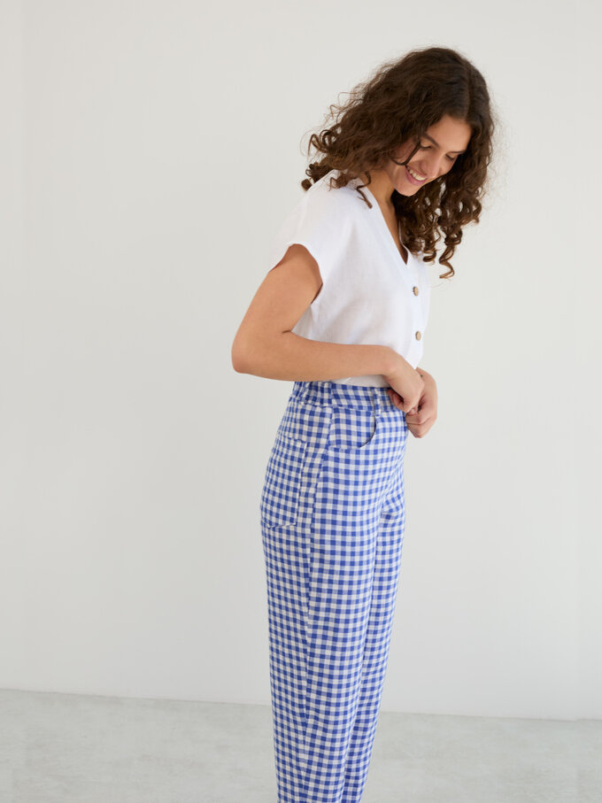 Image 4 of Linen High-Waisted Tapered Leg Pants in Gingham Blue SARAH from Love and Confuse | Handmade Linen Clothing for Women