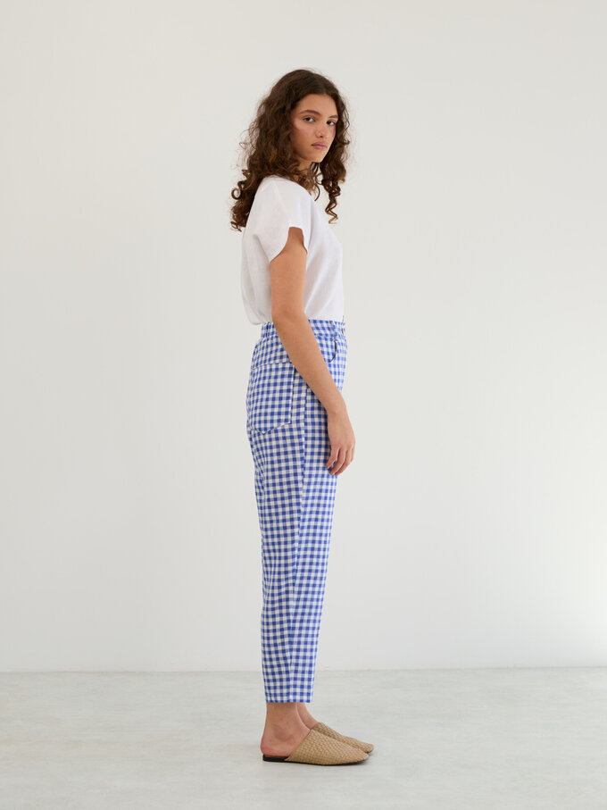 Image 5 of Linen High-Waisted Tapered Leg Pants in Gingham Blue SARAH from Love and Confuse | Handmade Linen Clothing for Women