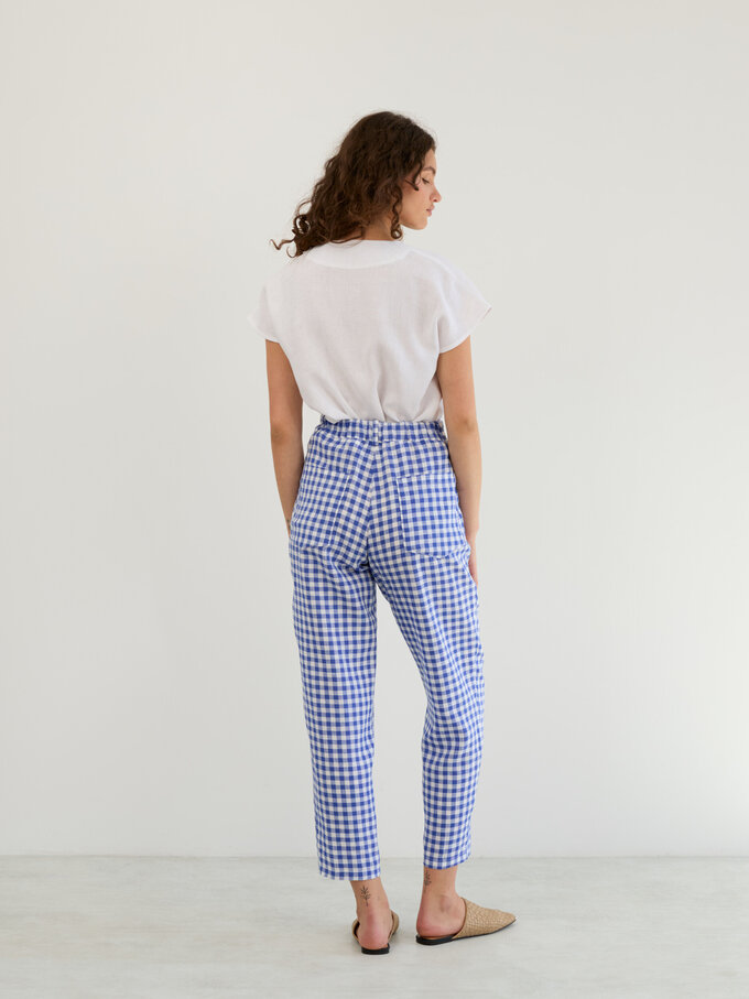 Image 6 of Linen High-Waisted Tapered Leg Pants in Gingham Blue SARAH from Love and Confuse | Handmade Linen Clothing for Women