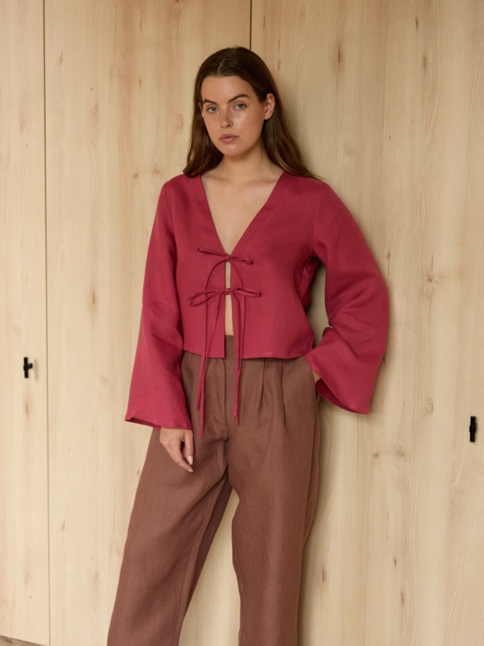 Image 1 of JAMES tailored linen pants in Heavy Dark Brown, featuring a high waist, pleated front, and side pockets, from Love and Confuse.