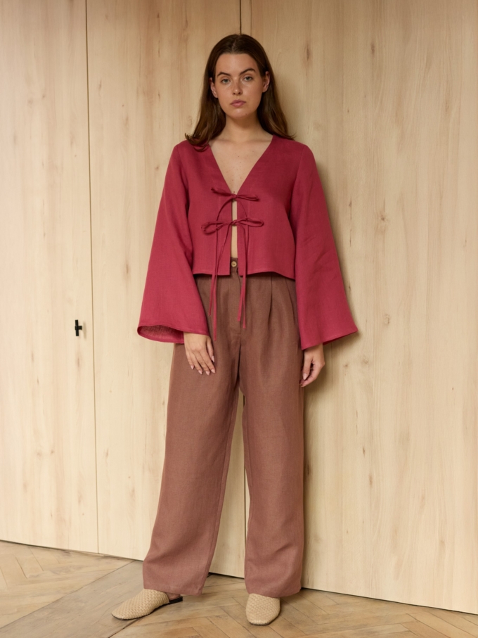 Image 2 of JAMES tailored linen pants in Heavy Dark Brown, featuring a high waist, pleated front, and side pockets, from Love and Confuse.