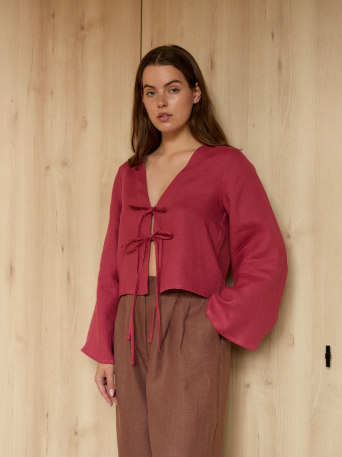 Image 4 of JAMES tailored linen pants in Heavy Dark Brown, featuring a high waist, pleated front, and side pockets, from Love and Confuse.