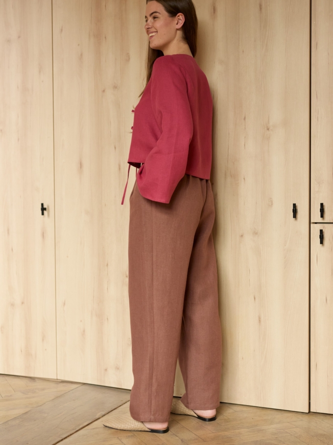 Image 5 of JAMES tailored linen pants in Heavy Dark Brown, featuring a high waist, pleated front, and side pockets, from Love and Confuse.