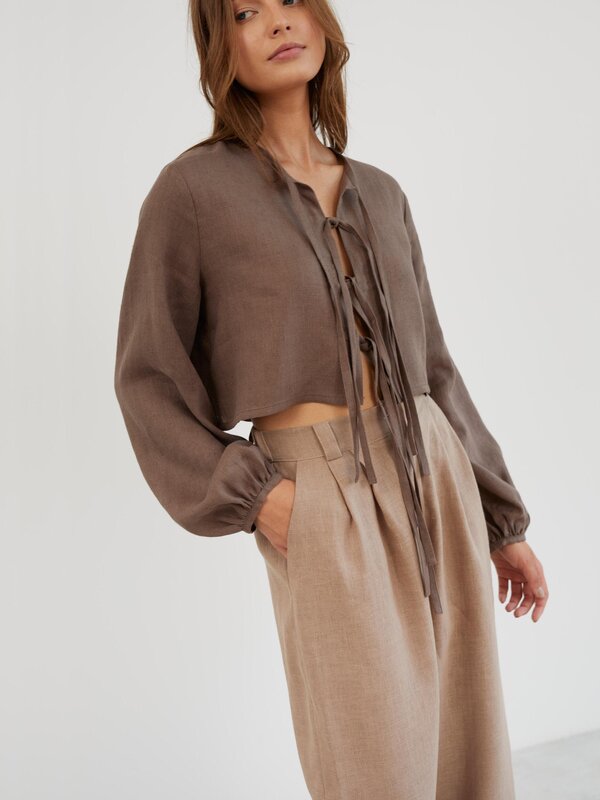 Image 1 of Linen Tailored Pleated Pants in Sand Brown JAMES from Love and Confuse | Handmade Linen Clothing for Women