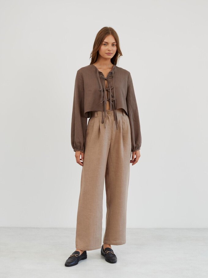 Image 2 of Linen Tailored Pleated Pants in Sand Brown JAMES from Love and Confuse | Handmade Linen Clothing for Women