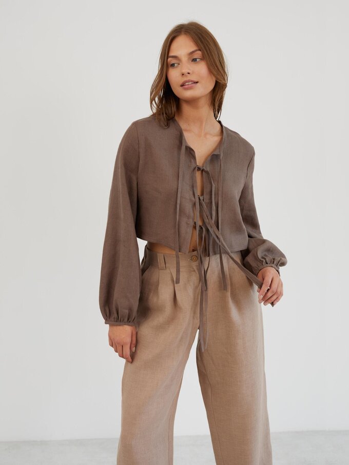 Image 3 of Linen Tailored Pleated Pants in Sand Brown JAMES from Love and Confuse | Handmade Linen Clothing for Women