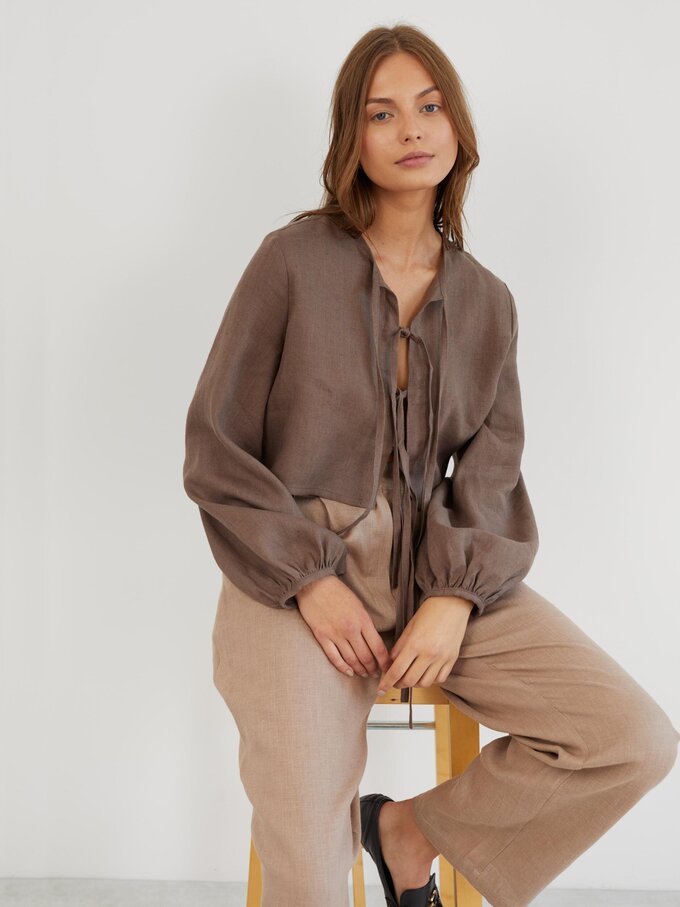 Image 4 of Linen Tailored Pleated Pants in Sand Brown JAMES from Love and Confuse | Handmade Linen Clothing for Women