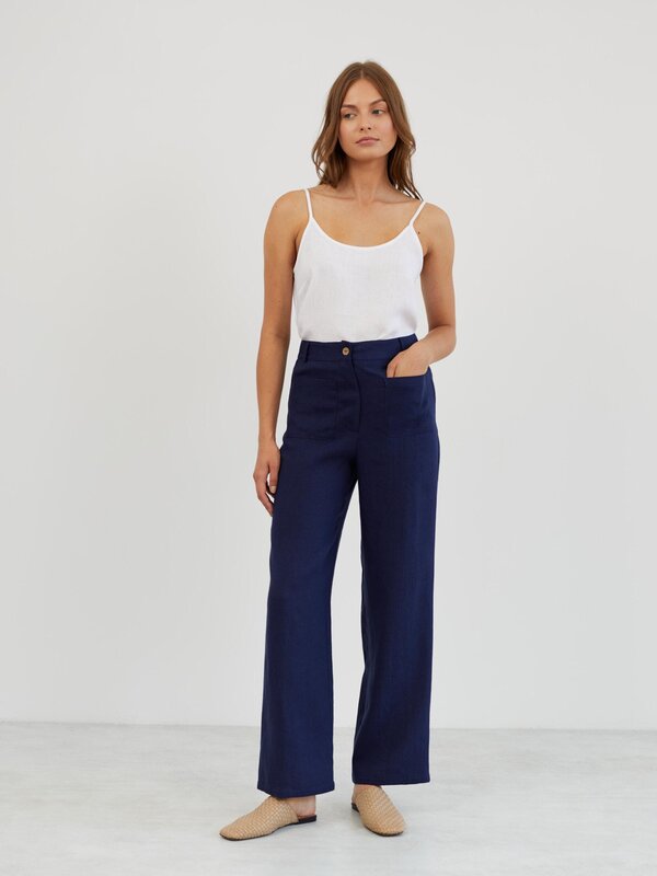 Image 1 of Tailored Straight Leg Linen Pants in Navy Blue JOEL from Love and Confuse | Handmade Linen Clothing for Women