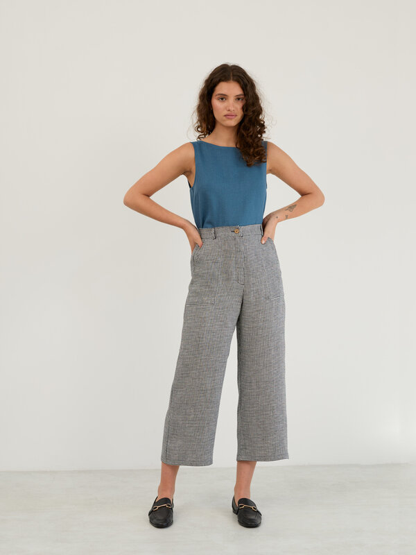 Image 1 of Linen Wide Leg Cropped Pants in Houndstooth OCEAN from Love and Confuse | Handmade Linen Clothing for Women