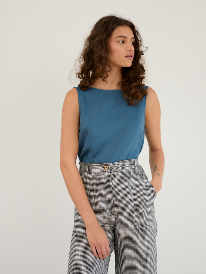 Image 2 of Linen Wide Leg Cropped Pants in Houndstooth OCEAN from Love and Confuse | Handmade Linen Clothing for Women