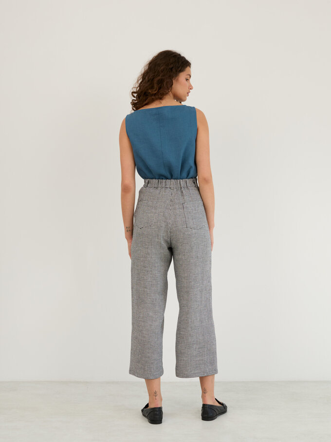 Image 5 of Linen Wide Leg Cropped Pants in Houndstooth OCEAN from Love and Confuse | Handmade Linen Clothing for Women