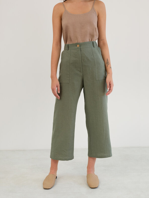 Image 1 of Linen Wide Leg Cropped Pants in Sage Green OCEAN from Love and Confuse | Handmade Linen Clothing for Women