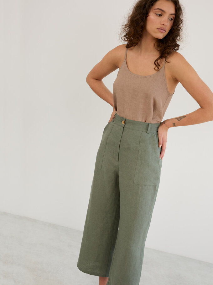 Image 3 of Linen Wide Leg Cropped Pants in Sage Green OCEAN from Love and Confuse | Handmade Linen Clothing for Women