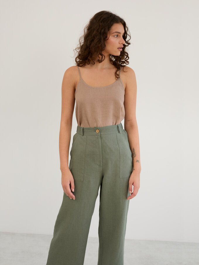 Image 4 of Linen Wide Leg Cropped Pants in Sage Green OCEAN from Love and Confuse | Handmade Linen Clothing for Women