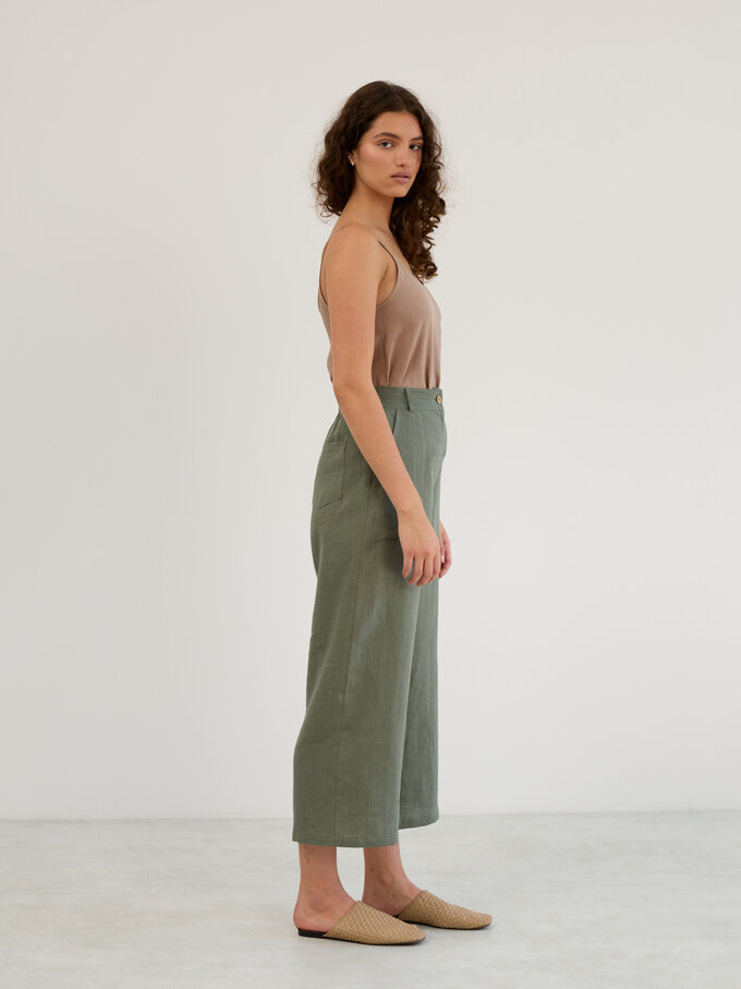 Image 5 of Linen Wide Leg Cropped Pants in Sage Green OCEAN from Love and Confuse | Handmade Linen Clothing for Women