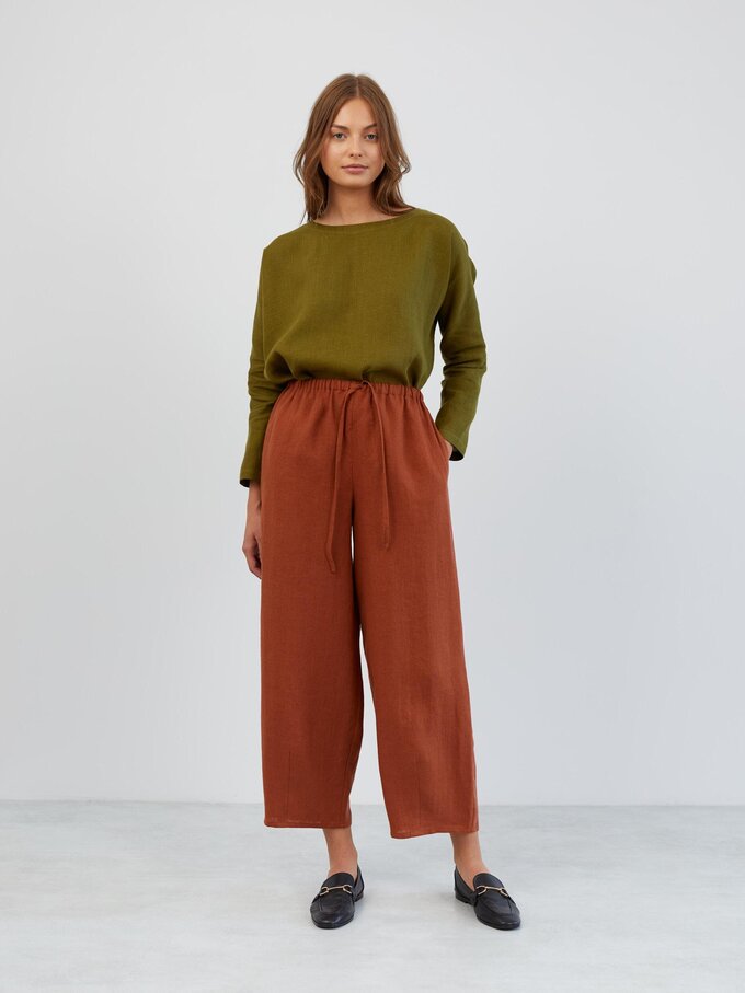 Image 2 of Wide Leg Linen Drawstring Pants in Rust DUKE from Love and Confuse | Handmade Linen Clothing for Women