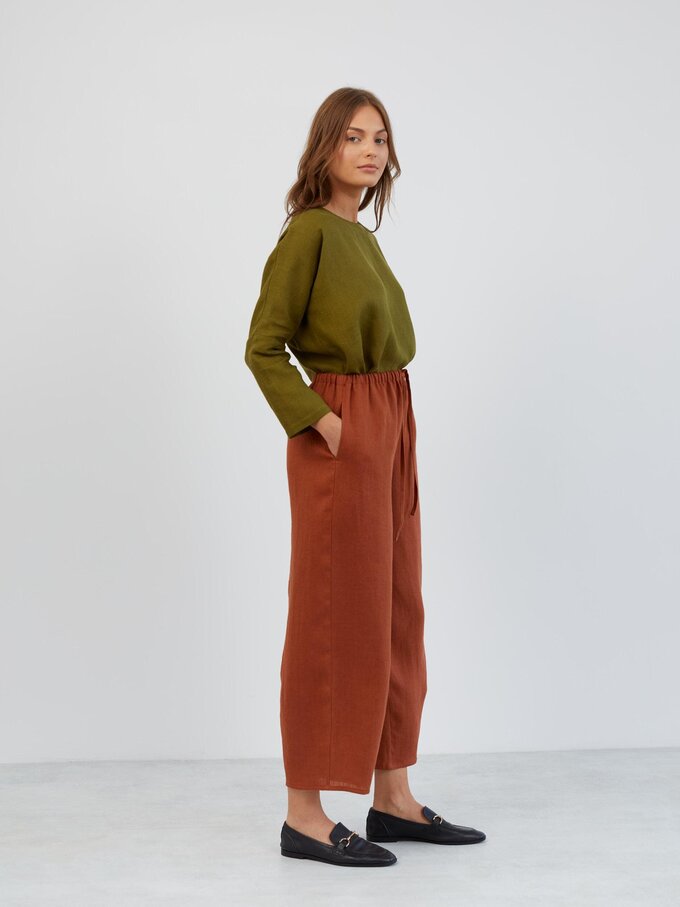 Image 3 of Wide Leg Linen Drawstring Pants in Rust DUKE from Love and Confuse | Handmade Linen Clothing for Women