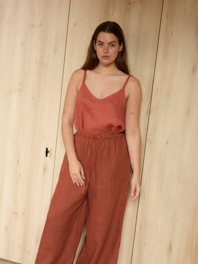 Image 3 of LUCAS wide-leg linen pants in Rust, featuring a drawstring waist and relaxed fit, from Love and Confuse.