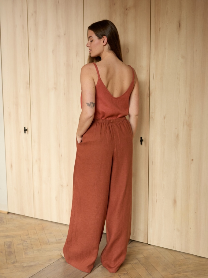 Image 6 of LUCAS wide-leg linen pants in Rust, featuring a drawstring waist and relaxed fit, from Love and Confuse.