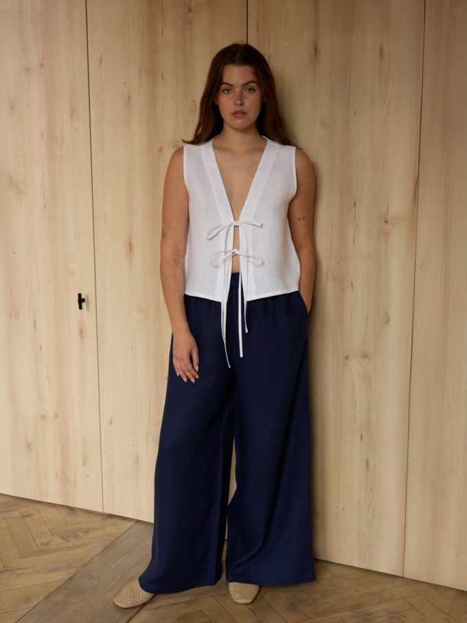 Image 1 of PEARL high-waisted wide-leg linen pants in Navy Blue, featuring an elastic waistband, from Love and Confuse.