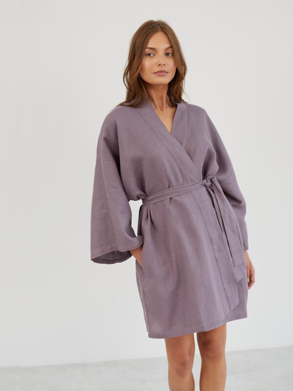 Image 1 of Linen Wrap Robe in Lavender Violet ATHENA from Love and Confuse | Handmade Linen Clothing for Women