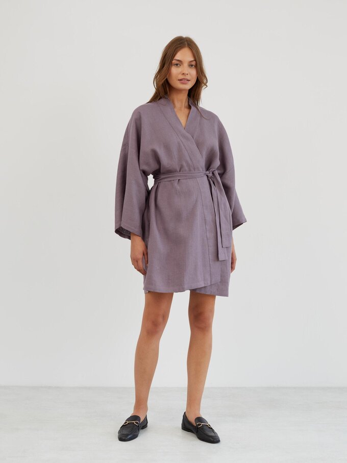 Image 2 of Linen Wrap Robe in Lavender Violet ATHENA from Love and Confuse | Handmade Linen Clothing for Women