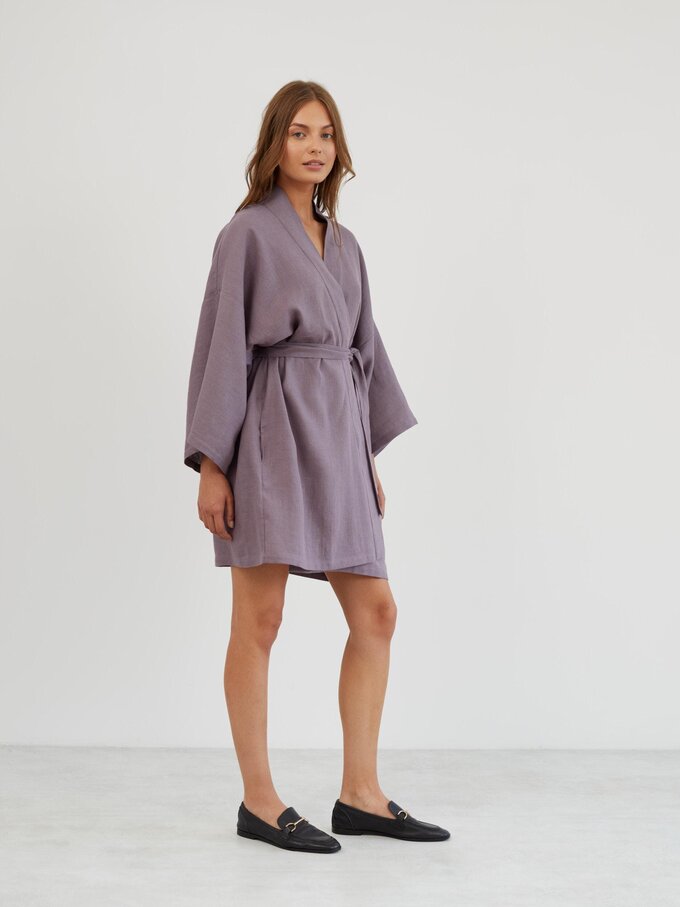 Image 4 of Linen Wrap Robe in Lavender Violet ATHENA from Love and Confuse | Handmade Linen Clothing for Women