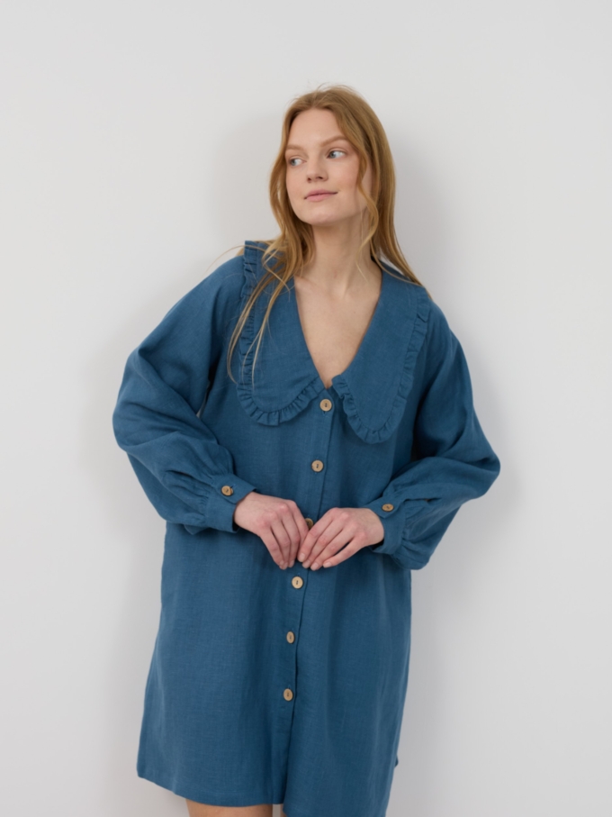 Image 4 of MELODY Linen Shirt Dress with Ruffled Collar and Long Sleeves in Blue Sea