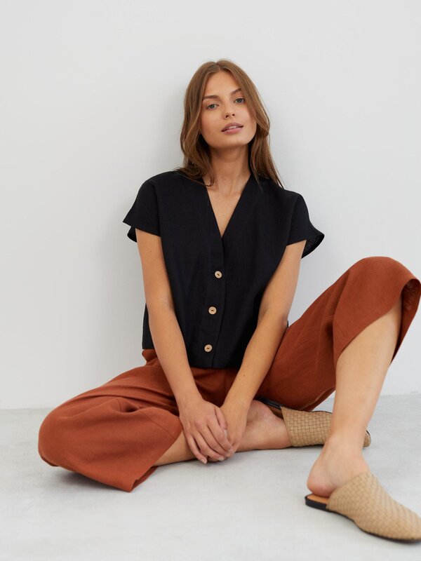 Image 1 of Cropped Linen Button Down Shirt in Black LYLA from Love and Confuse | Handmade Linen Clothing for Women