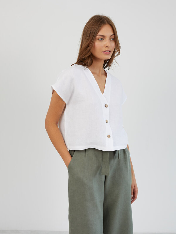 Image 1 of Cropped Linen Button-Down Shirt in White LYLA from Love and Confuse | Handmade Linen Clothing for Women