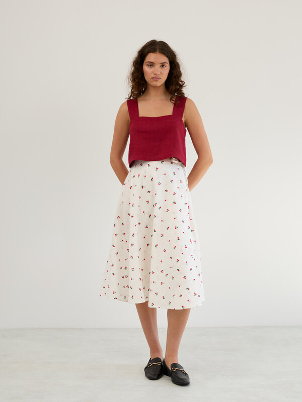 Linen Wrap Midi Skirt in Cherry Print KENZIE