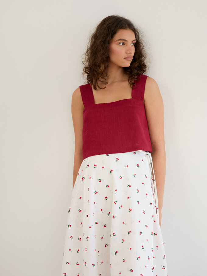 Image 2 of Linen Wrap Midi Skirt in Cherry Print KENZIE from Love and Confuse | Handmade Linen Clothing for Women