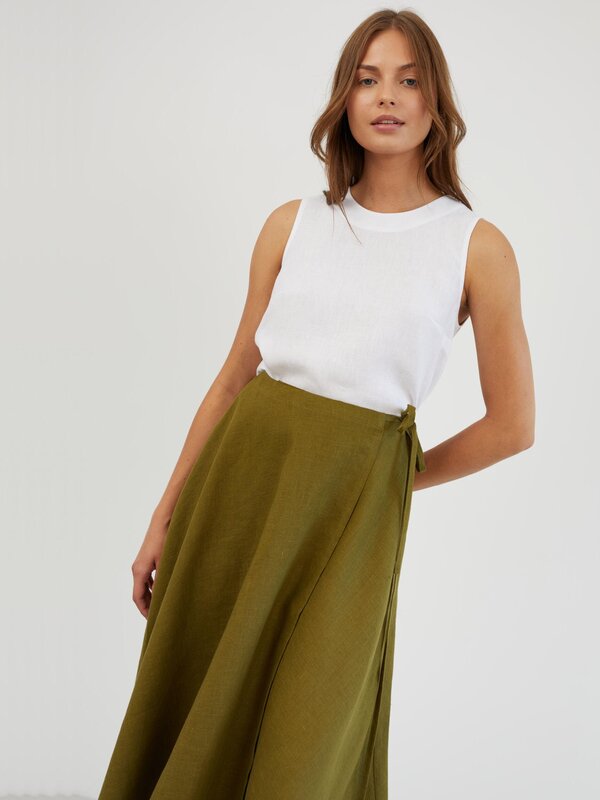 Image 1 of Linen Wrap Midi Skirt in Moss Green KENZIE from Love and Confuse | Handmade Linen Clothing for Women