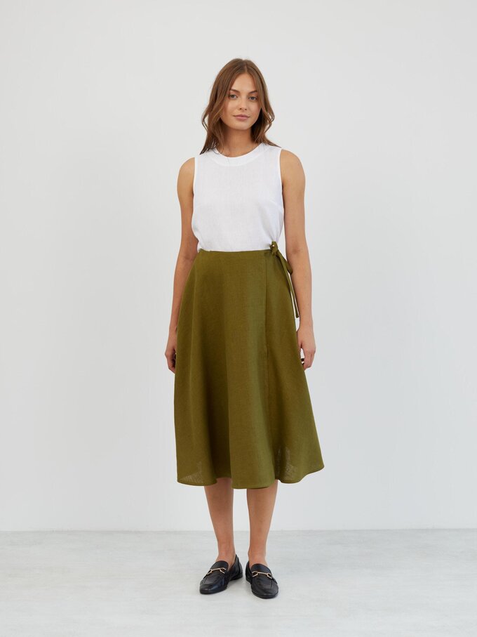 Image 2 of Linen Wrap Midi Skirt in Moss Green KENZIE from Love and Confuse | Handmade Linen Clothing for Women