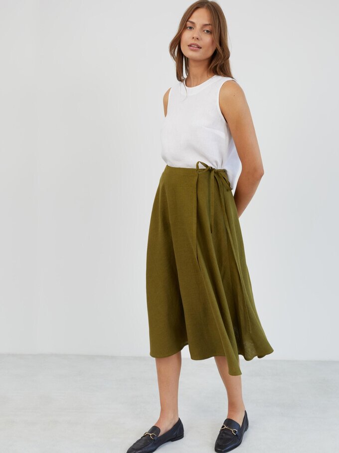 Image 3 of Linen Wrap Midi Skirt in Moss Green KENZIE from Love and Confuse | Handmade Linen Clothing for Women