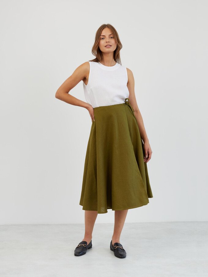 Image 4 of Linen Wrap Midi Skirt in Moss Green KENZIE from Love and Confuse | Handmade Linen Clothing for Women