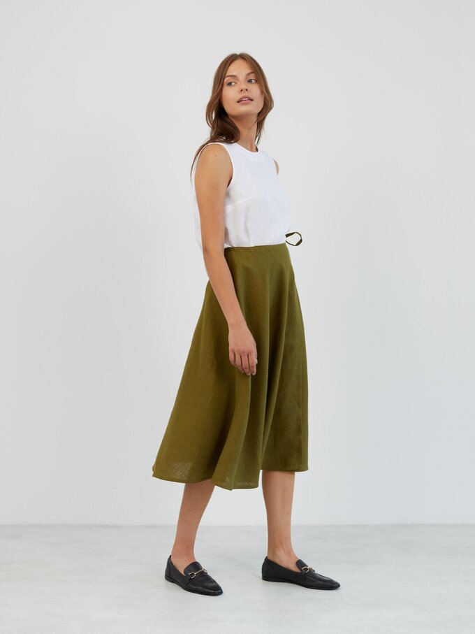 Image 5 of Linen Wrap Midi Skirt in Moss Green KENZIE from Love and Confuse | Handmade Linen Clothing for Women