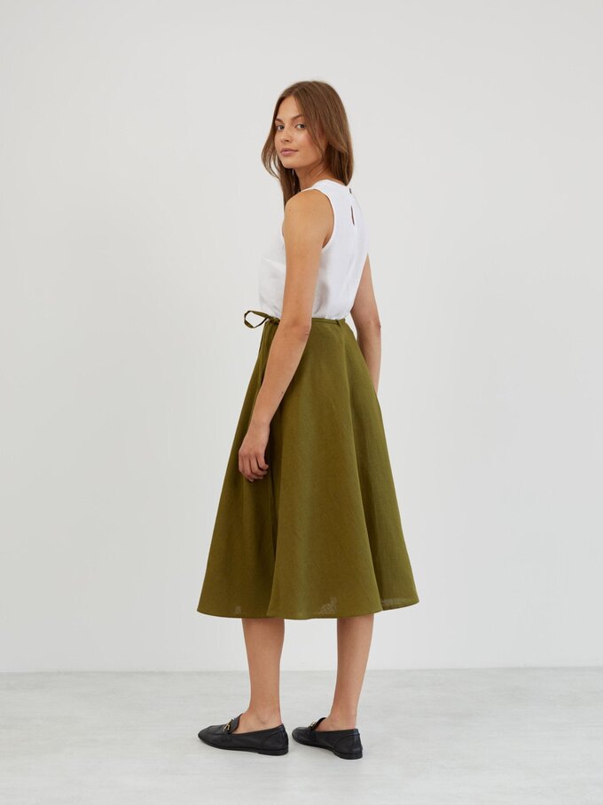 Image 6 of Linen Wrap Midi Skirt in Moss Green KENZIE from Love and Confuse | Handmade Linen Clothing for Women