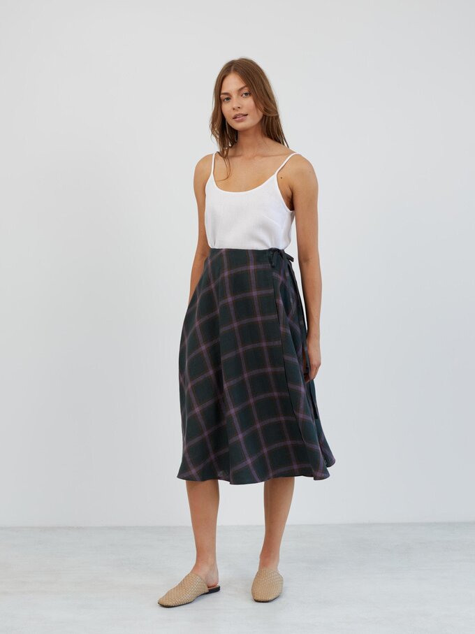 Image 1 of Linen Wrap Midi Skirt in Plaid Purple KENZIE from Love and Confuse | Handmade Linen Clothing for Women