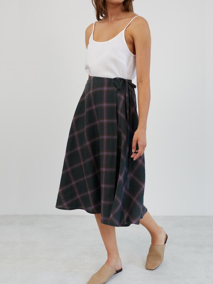 Image 4 of Linen Wrap Midi Skirt in Plaid Purple KENZIE from Love and Confuse | Handmade Linen Clothing for Women