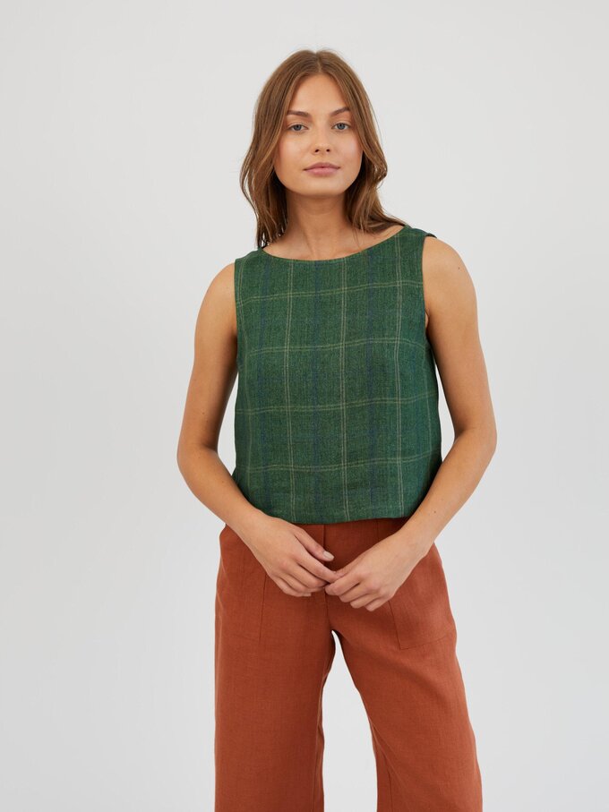 Image 1 of Cropped Linen Tank Top in Green Plaid SONATE from Love and Confuse | Handmade Linen Clothing for Women