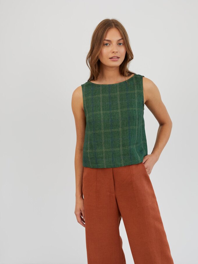 Image 3 of Cropped Linen Tank Top in Green Plaid SONATE from Love and Confuse | Handmade Linen Clothing for Women