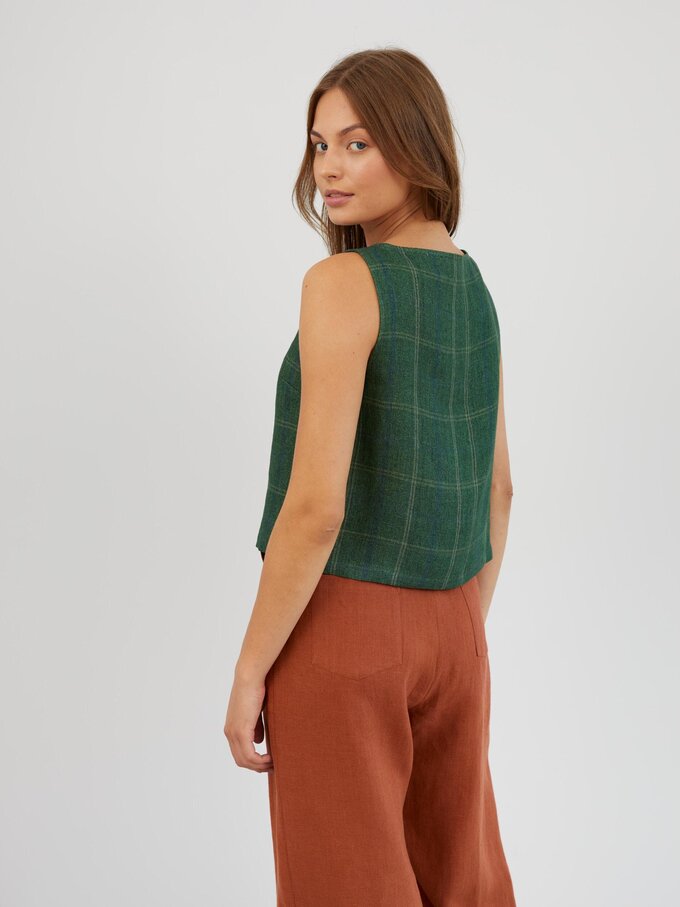 Image 4 of Cropped Linen Tank Top in Green Plaid SONATE from Love and Confuse | Handmade Linen Clothing for Women