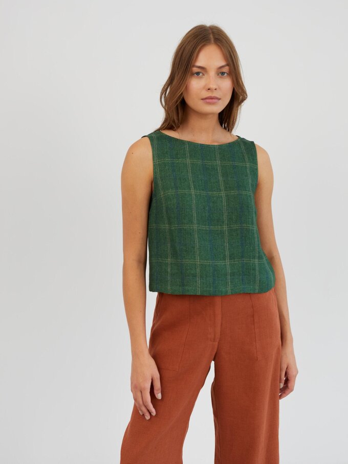 Image 5 of Cropped Linen Tank Top in Green Plaid SONATE from Love and Confuse | Handmade Linen Clothing for Women