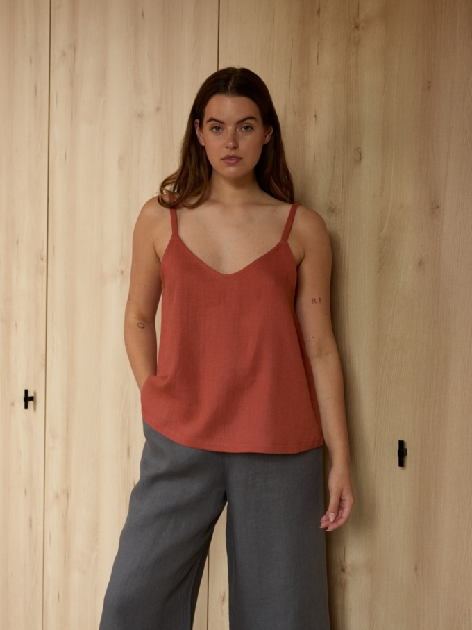 Image 2 of MILLIE linen tank top in Burnt Orange, featuring a V-neck and thin straps, from Love and Confuse.