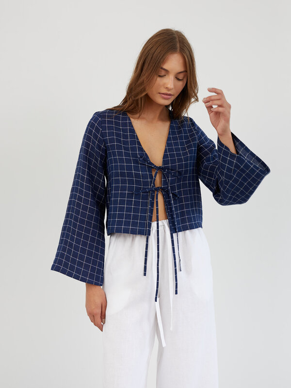 Image 1 of Linen Tie Front Bell Sleeve Top in Grid Blue White CASSIDY from Love and Confuse | Handmade Linen Clothing for Women